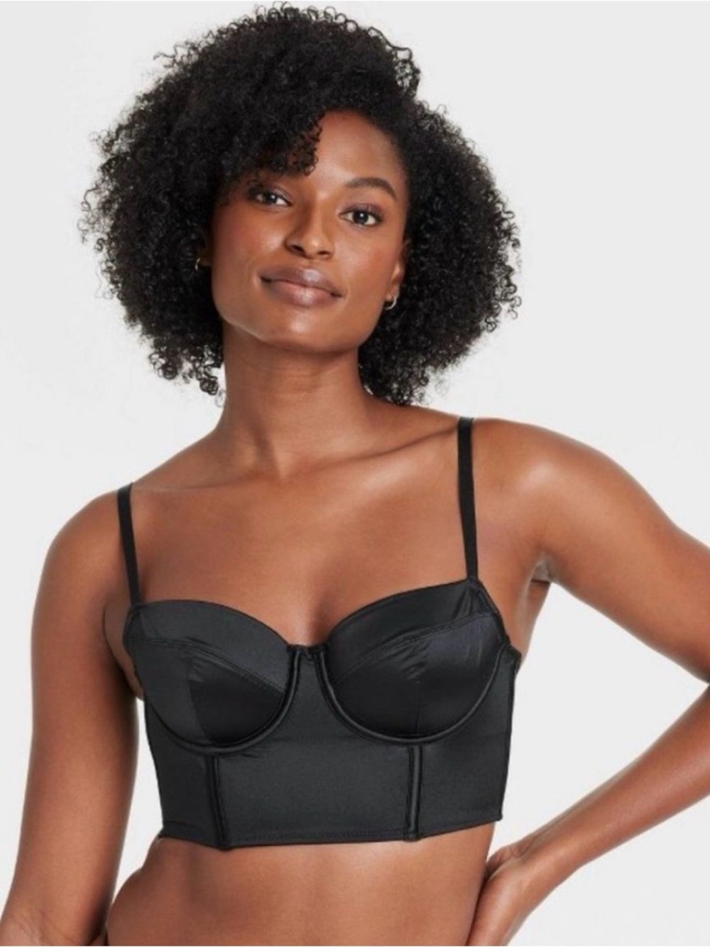 I28 Auden Black Satin Longline Bustier Bra w/ Corset-Inspired Design - Size: S